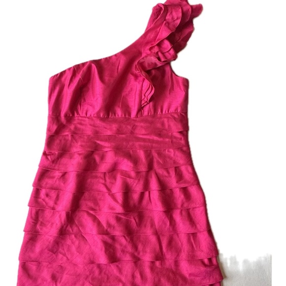 London Times Womens Dress One Shoulder Fuchsia Pink Tiered Ruffles Knee Length 8 - Picture 2 of 12